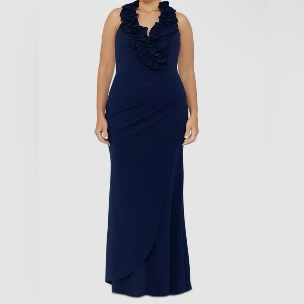Xscape Navy Ruffle V-Neck Gown